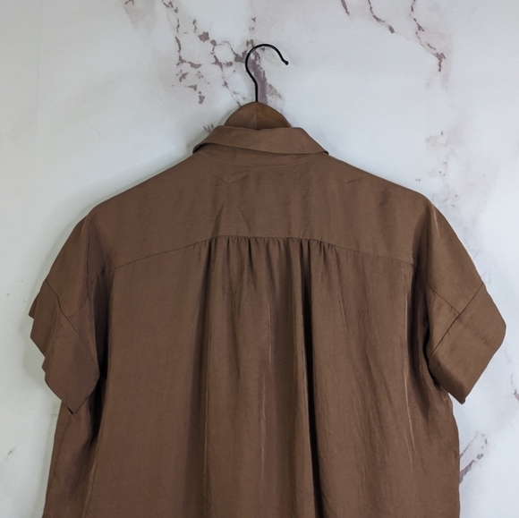 Everlane Shirt 00 2XS Women Brown Coco Button Up Short Sleeve Japanese Go Weave - Picture 9 of 16